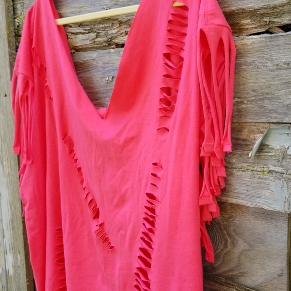 Distressed Fringe VneckHot Pink Tee - Picture 2 of 4